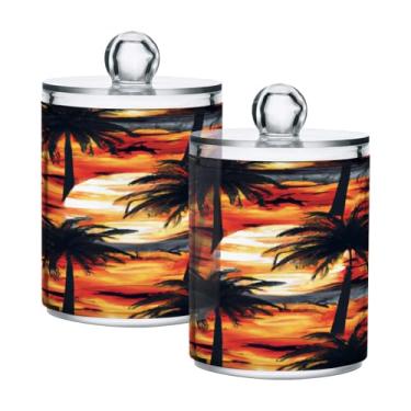 Imagem de Qilmy Qtip Suporte de 400 ml, palmeiras tropicais, pôr do sol, boticário de plástico transparente com tampa, dispensador de recipiente de banheiro para bola de algodão, cotonete, fio dental, pacote