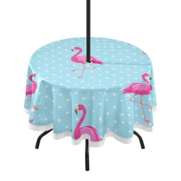 Imagem de Qilmy Toalha de mesa Flamingos Playful redonda impermeável de 152 cm com orifício para guarda-chuva e zíper – uso externo / interno resistente para pátio, churrascos, piqueniques, festas (serve para