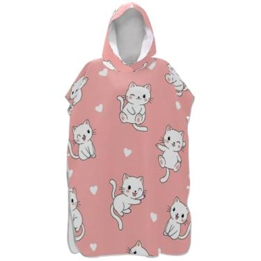 Imagem de Joisal Bonito branco desenho animado gatos rosa surfe poncho adulto trocador roupão praia moletom toalha absorvente natação ponchos femininos com capuz