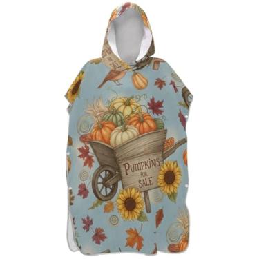 Imagem de Joisal Pumpkins Roupão rústico de outono para adultos, poncho de surfe, absorvente masculino e feminino, poncho com capuz, toalha floral com capuz