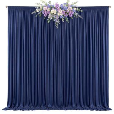 Imagem de Cortinas de fundo fotográficas de 3 m x 2,4 m, azul marinho, sem rugas, tecido de poliéster para casamento, chá de bebê, festa de aniversário, decoração de fundo (azul marinho, 2 painéis)