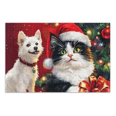 Imagem de Quebra-cabeças adultos 1000 peças gato cão vermelho pintura floral arte difícil quebra-cabeça família elefante branco presentes, 75 x 40 centímetros