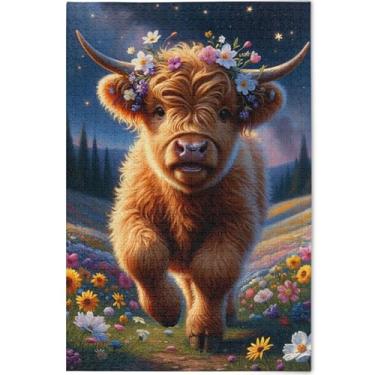 Imagem de Quebra-cabeça floral personalizado de vaca Highland com 500 peças para adultos, brinquedo de arte, quebra-cabeças legais para adultos, amantes de elefantes brancos, presentes, 52 x 37,8 cm