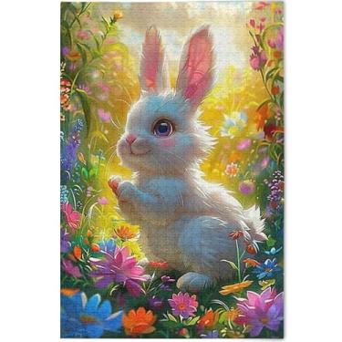 Imagem de Quebra-cabeça personalizado coelho flores coelho branco 1000 peças adulto engraçado jogo de quebra-cabeça único colorido animal flor arte, 75 cm x 50 cm