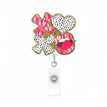 Imagem de Carretel de crachá XOXO Dia dos Namorados Rosa e Preto Branco Bolinhas Amor Coração Design Crachá Acrílico Nome de Enfermeira Cartão de Identificação com Clipe Jacaré para Enfermeiras Hospitalares