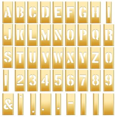 Imagem de Pelopy Conjunto de 45 peças de estênceis de latão, letras e números, kit de pintura de estênceis de metal para ferramentas de etiquetagem, equipamentos, caixas, sinais, faça você mesmo e projetos de