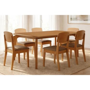 Imagem de Sala Jantar Mesa Londrina Tampo Curvo 180cm+6 Cadeiras Havana Naturale - Corano Capuccino - Rufato