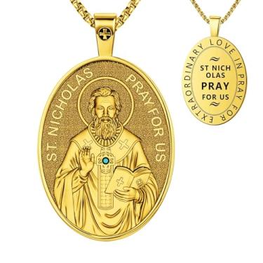 Imagem de OIGVCOTE Colar com pingente St. Nicholas Pray For Us - Medalhão de ícone religioso cristão, joia padroeira de prata altamente polida, presente de confirmação católica com corrente ajustável, 44