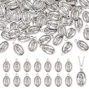Imagem de HOBBIESAY 80 peças, pingente de medalha, oval, prata, pingente de medalha de amuletos abençoados, pingentes de São Miguel, pingentes religiosos, colares para mulheres, homens, colar, pulseira