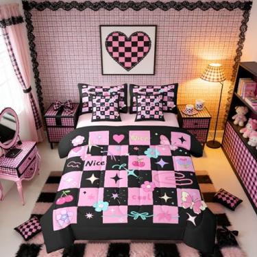 Imagem de Erosebridal Jogo de cama queen com nó de borboleta feminina, 7 peças, preto, rosa, xadrez, com lençóis, flores, geométrico, para crianças, adolescentes, mulheres, jogo de cama fofo de cerejeira