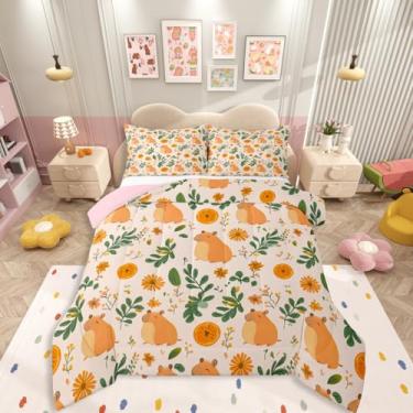 Imagem de Erosebridal Conjunto de cama com desenho animado de capivara, animais fofos, tamanho casal, para crianças, adolescentes, adultos, quarto, laranja, floral, ramos verdes