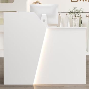 Imagem de Mesa de recepção moderna iluminada por LED com gavetas com trava e painel lateral envolvente - ideal para lobby ou recepção de escritório - branca, 120 cm