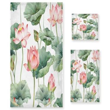 Imagem de xigua Conjunto de toalhas de banheiro de flores de lótus em aquarela absorvente macio 3 peças toalha de banho toalha de mão toalhas decorativas para banheiro, academia, hotel, praia, piscina