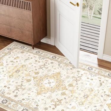 Imagem de Tapete de área 7,5 x 12,7 cm para entrada, tapete pequeno bege Boho lavável, tapete macio moderno de pelo baixo, tapete para quarto, cabeceira, sala de estar, banheiro, sala de jogos, cozinha, sala de