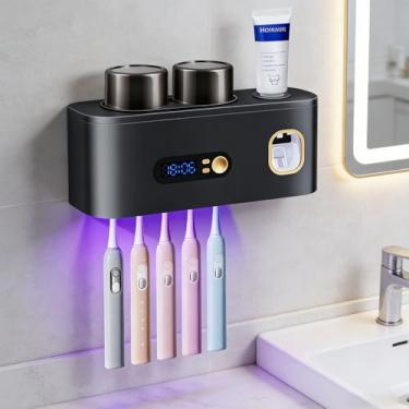 Imagem de ALLGLAM Suportes de escova de dentes montados na parede, dispensador automático de pasta de dente USB com secagem e limpeza inteligentes, 5 compartimentos para escova e 2 copos para organizador de