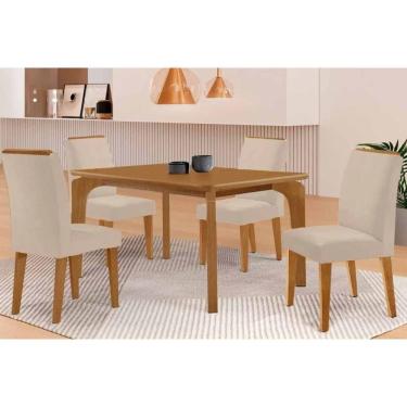 Imagem de Mesa Cozinha Londrina c/ Tampo Madeirado Canto Curvo 120x90cm e 4 Cadeiras Dakota Madeira Maciça Naturale - Capuccino/Suede Creme-Rufato