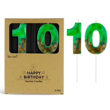 Imagem de Vela de aniversário pixel, velas com número mineiro de 6,8 cm, decoração de aniversário com tema de jogo, para festa de videogame dinamite com tema pixel, aniversário, aniversário (verde, 10)