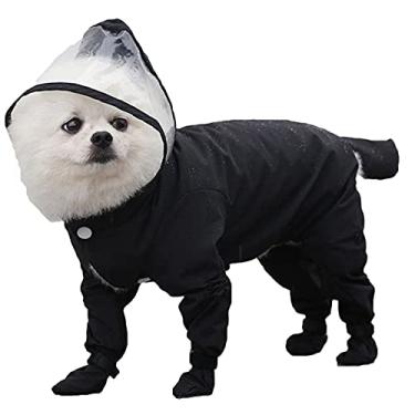 Imagem de SEIS Capa de chuva para cães pequenos com capuz para animais de estimação, poncho de pelúcia impermeável com botas de chuva, leve, respirável, traje bomei ajustável para animais de estimação (preto, PP (comprimento das costas 27 cm)