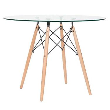 Imagem de Loft7, Mesa De Jantar Redonda Eames Eiffel Com Tampo De Vidro E Base De Madeira E Aço 100 Cm Cozinha Sala De Jantar Bar Cafeteria