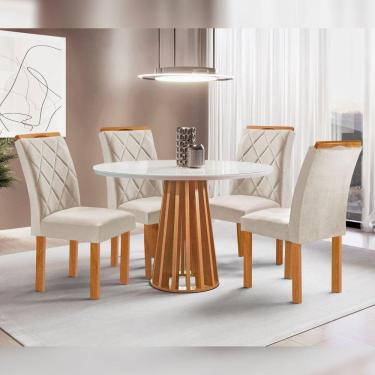 Imagem de Conjunto Mesa Tampo Redondo Plus Vidro Kansas 100cm 4 Cadeiras Arthus Cinamomo/Off White/Suede Bege
