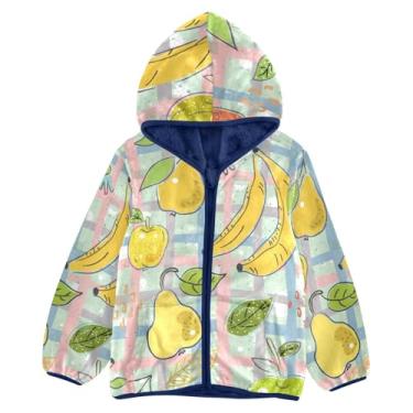 Imagem de Jaqueta de lã infantil estilo escandinavo de frutas fofas, bananas, maçãs, peras, para meninos, azul marinho, jaqueta com zíper, Frutas fofas, bananas, maçãs, peras, estilo escandinavo, 9-10 Anos