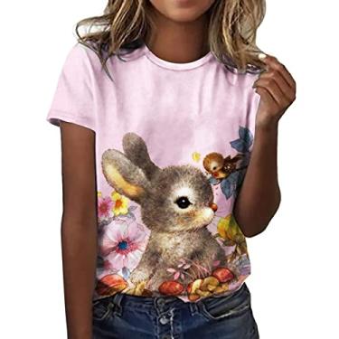 Imagem de PKDong Camiseta feminina Happy Easter Day, casual, estampa de coelhinho da Páscoa, gola redonda, manga curta, camiseta fofa, rosa, XXG