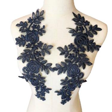 Imagem de Worlds 1 par de apliques de tecido de renda azul marinho bordado aplique de renda motivo floral vestido de casamento guarnições decoração 35 x 14,5 cm