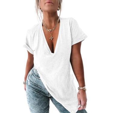 Imagem de Tankaneo Camiseta feminina de manga curta com decote em V profundo e fenda lateral grande para o verão, Branco, G