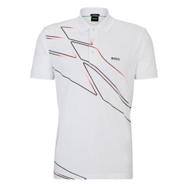 Imagem de BOSS Camisa polo masculina Paddy 3 branca de manga curta com estampa gráfica, Branco, P