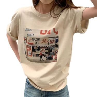 Imagem de Camisetas femininas grandes de verão manga curta gola redonda solta, Multicolorido, Tamanho Único