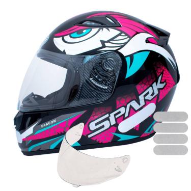 Imagem de Capacete Ebf Spark Dragon Preto Rosa Mais Viseira Cristal e Adesivo Branco
