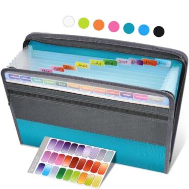 Imagem de Pasta de arquivos expansível Sooez com etiquetas adesivas, pasta de arquivo de 13 bolsos sanfonada organizador de documentos com zíper expansível com fecho de zíper, pasta de papel A4, azul-petróleo