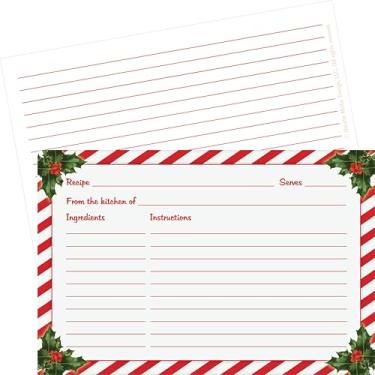 Imagem de Cartões de receitas de Natal (conjunto de 50 cartões) | Cartões de receita premium dupla face 4x6 com design de azevinho | Feito nos EUA | Cartões de troca de cookies | Cartolina grossa