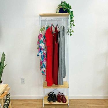 Imagem de Arara Armário Modular Industrial Slim de Ferro e Madeira Natural e Bra