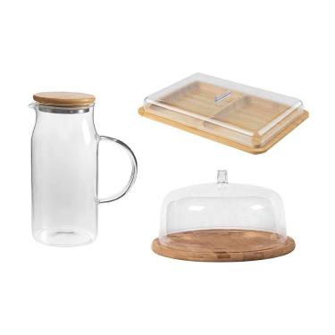 Imagem de Kit Para Servir Com 01 Jarra De Vidro 1,15 L + 01 Porta Frios + 01 Boleira Em Bambu Ou