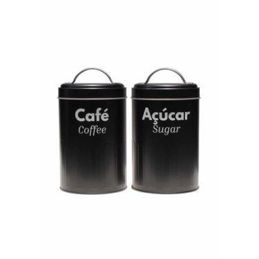 Imagem de Kit 2 Pote Lata Porta Mantimentos Metal Preto Café E Açucar - Shop Ani