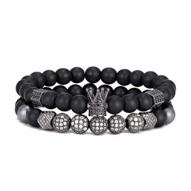 Imagem de TIMFROZ Pulseira masculina com coroa de 8 mm com contas de ônix preto fosco natural para presente de aniversário e aniversário de 19 cm, 7.5", Pedra, Sem Pedra Preciosa