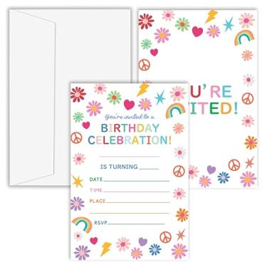 Imagem de OXRUN Convites de aniversário margarida, conjunto de 20 convites de aniversário com envelopes, cartões de convite de festa coloridos retrô para meninos meninas suprimentos de decoração de festa - B04