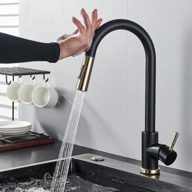 Imagem de Torneira de cozinha com sensor de toque preto fosco, torneira de cozinha com sensor inteligente, modo duplo de água, torneira misturadora, torneira giratória quente e fria, sensor preto dourado