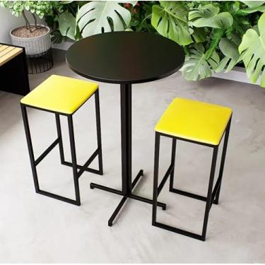 Imagem de Conjunto Mesa Alta Bar Bistrô Redonda Preta 2 Bancos Estofado Industrial Black (Amarelo)