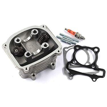Imagem de Trkimal Válvulas de montagem de cabeça cilíndrica GY6 150cc (57,4 mm) para 157QMJ Motor Scooter Moped ATV Go Kart Quad (não tipo EGR) juntamente com juntas, vela de ignição e 4 pinos