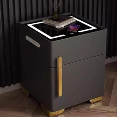 Imagem de Mesa de cabeceira inteligente com carregamento seguro e bancada, mesa de cabeceira para quarto com portas USB, mesa de cabeceira com luz LED de 3 cores, tampo de vidro temperado, cinza escuro 1 peça