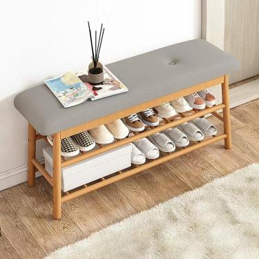 Imagem de Banco de armazenamento de sapatos de madeira com assento acolchoado banco de troca de sapatos pequeno banco de entrada com armazenamento banco otomano de bambu armário organizador de sapatos estreito