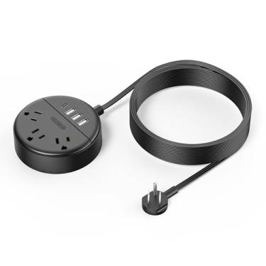 Imagem de Cabo de extensão de 4,5 m de comprimento com USB, tira de alimentação de plugue plano NTONPOWER com 3 tomadas, 2 USB, listado em ETL, suporte de parede para mesa de carregamento para casa, escritório, dormitório e mesas de cabeceira, preto
