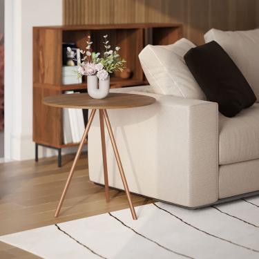 Imagem de Mesa Lateral Decorativa Gabriela Base Cobre Tampo Redondo Amêndoa