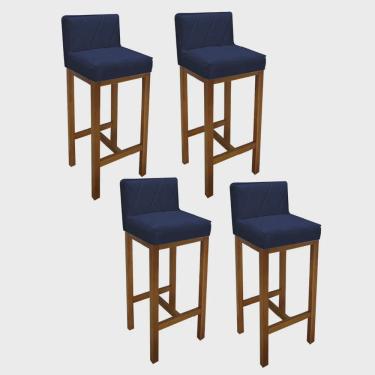 Imagem de Kit 04 Banqueta Alta Com Encosto Loren Cozinha Balcão Bistrô Base Madeira Castanho Suede Azul Marinho - Ahazzo Móveis