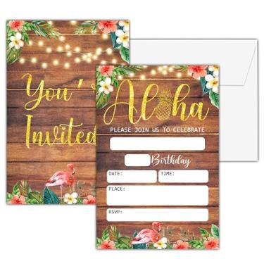 Imagem de Convites de aniversário havaiano Luau, 25 cartões de convite de festa tropical Aloha dupla face com 25 envelopes, convites de festa infantil suprimentos de decoração de celebração - A09