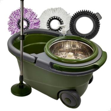 Imagem de Mop Giratório Cesto Inox Com Rodas 16L+ 4 Refis Limpeza Esfregão(16L Total-14L Uso C/Roda+3refi,Verde)