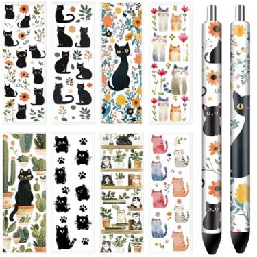 Imagem de CRASPIRE 48 peças UV DTF caneta wrap transfer decalque 8 estilos gatos pretos flores plantas 4,7 × 1,15 cm impressão HD à prova d'água adesivos de papel revestido para lápis em branco personalizado