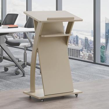 Imagem de WANGKENSU Suporte de pódio de madeira portátil para professores e sala de aula, suporte de microfone ajustável, rodízios de bloqueio, cinza, móvel e palito durável para apresentações, escritórios e